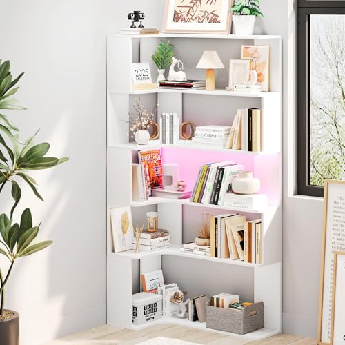 Ztexkee Eck-Bücherregal mit LED-Lichtleiste, 5 Ebenen, L-Form Regal 90x48x169cm, Großes Eckregal für Wohnzimmer, Schlafzimmer, Büro, Küche – Stabiles Lagerregal mit Beleuchtung (Weiß)