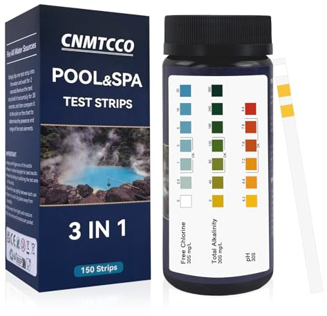 CNMTCCO 3-in-1 Pool Teststreifen für Spa, 150 Stäbchen Teststreifen Wassertest-Set,Genauer Tester für freies Chlor, Brom, Alkalinität, pH,Pool Zubehör