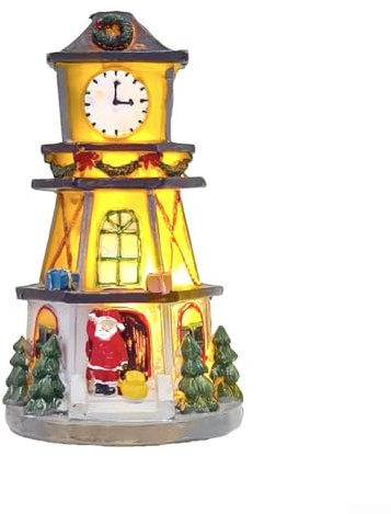 Beleuchtetes Weihnachtsdorf dekorative Uhr Turm Ornament Harz Urlaub Desktop Display für Wohnzimmer, Schlafzimmer oder Arbeitszimmer (11,4 x 6,6 x 6,6 cm)