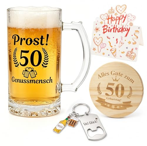 DXiongW Boccale Birra Personalizzato 500ml 50 Anni Regalo di Compleanno | Bicchiere da Birra per Uomo e Donne Boccale 50 Anni con Portachiavi Apribottiglie e Sottobicchiere Bicchiere con Incisione