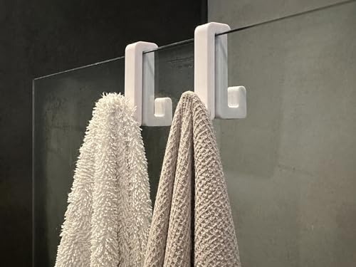 2PCS Double Sided Shower Glass Hooks - Bath Towel Robe Hanger Screen Door (White)