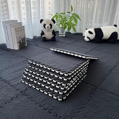 Caswynlife 10 Pack Splicing Plush Foam Floor Mats Easy to Interlocking Carpet Tiles Soft Flannel, For Bedroom Playroom Nursery DIY Layouts(Black)