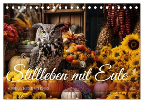 Stillleben mit Eule (Tischkalender 2026 DIN A5 quer), CALVENDO Monatskalender: Das Genre des Stilllebens mit Früchten, Blumen und Vogel neu ... künstlicher Intelligenz. (CALVENDO Tiere)