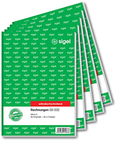 SIGEL SD032/5 Rechnungen, A5, 3x40 Blatt, selbstdurchschreibend, 5er Pack, aus nachhaltigem Papier, Rechnungsblock