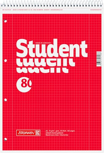 BRUNNEN Collegeblock Student Spirale oben | A4, Lineatur 28, 80 Blatt, rot
