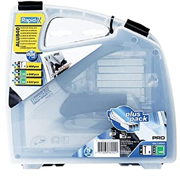 Rapid ALU840 Grapadora Manual para Grapas nº 140 y Clavos nº 8, Doble Recámara, Ajustador de Potencia de 2 Posiciones y Mango Ergonómico - Incluye Estuche, Grapas y Clavos (22876002)