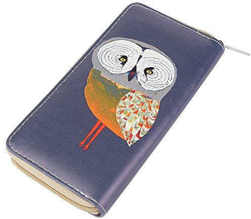 DonDon Geldbörse Damen mit Reißverschluss Portemonnaie Geldbeutel Damen Kinder Mädchen Eule Eulen-Motiv gezeichnet blau grau