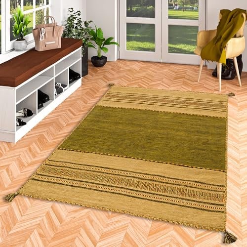 Navarro Natur Teppich Bauwolle Kelim Grün in 5 Größen