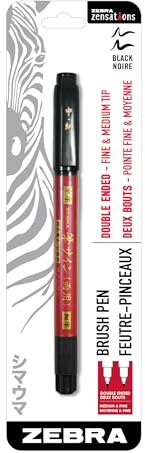 Zebra Zensations Brush Pen Double-Ended Fine-Med Black (01510UPC) | Japanese Design, Creates Thick and Thin Lines in One Expressive Tool, Water-Based Pigment Ink, Fine and Medium Tips (01511)