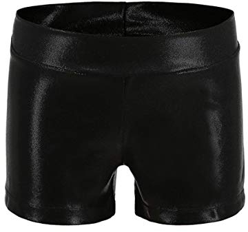 Dtone Mädchen Kurz Hose für Tanz Gymnastik Turnanzug Turn Shorts Glitzer glänzend Fitness Hotpants, Schwarz 130 (7-8 Jahre)