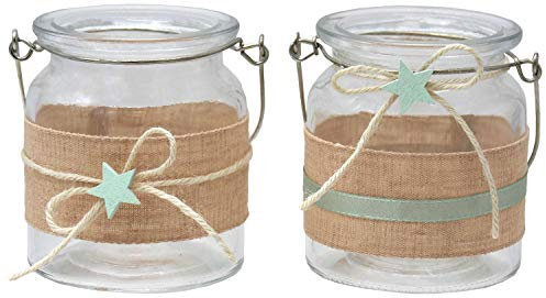 ZauberDeko Windlicht Glas Tischdeko Kerzenhalter Mint Grün Leinen Taufe Baby Deko Teelichthalter 2 Stück