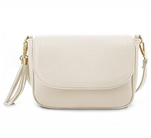Evve kleine Umhängetasche für Damen, trendige Klappe, Satteltasche mit Quaste, veganes Leder, Schultertasche, Cremeweiß