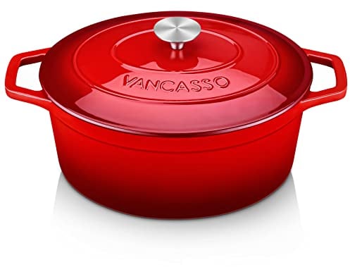 vancasso 6 Liters Oval Enamelled Cast Iron Dutch Oven with Lid, Naturally Non-Stick Slow Cook Cast Iron Casserole Pot, Graduated Red Exterior with Cream Interior - 30cm