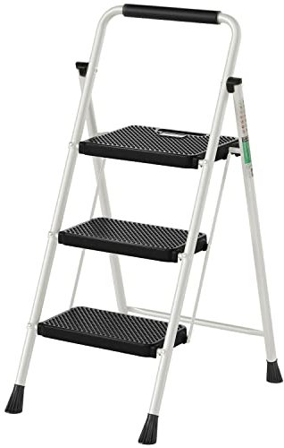 RIKADE Klappbare Stufenleiter mit 3 Stufen und breitem Anti-Rutsch-Pedal - Leicht, tragbar und vielseitig verwendbar mit Handgriff