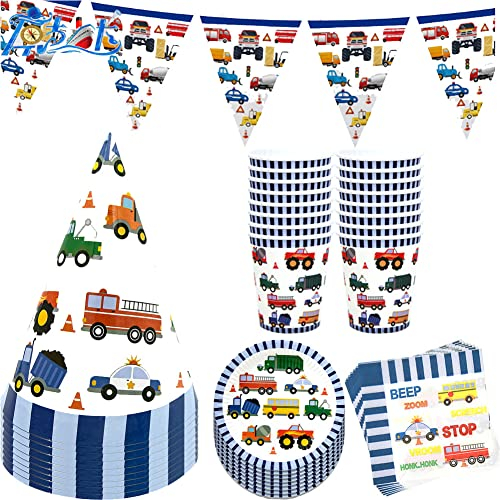 Partygeschirr Set,Fahrzeug Kindergeburtstag Geschirr Set,Pappteller Kindergeburtstag 10 Stück,für Babydusche Geburtstag Hochzeit Party,Papierhandtuch,Teller,Tasse,Papierkappe,10 Gäste