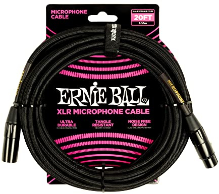 Ernie Ball 20' Braided Male Female XLR Microphone Cable Black