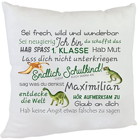 personalisiertes Kissen T-Rex Geschenk zur Einschulung Junge mit Namen des Erstklässlers Einschulungsgeschenk für Mädchen und Jungen (Dino)
