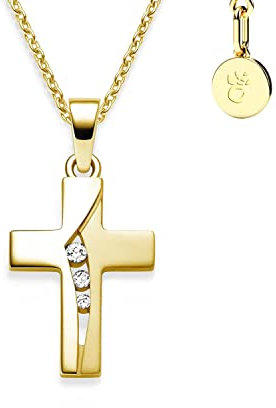 Kreuz Kette Mädchen Gelbgold (Silber 925 vergoldet) | Kreuz-Anhänger Halskette mit Zirkonia | Kinderkette Kommunionsgeschenk Tauf-Geschenk Konfirmation Firmung Geburt Taufe | Kreuzkette mit Gravur