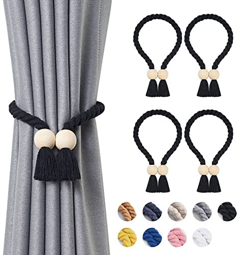 Pretty Jolly Ball magnetische Vorhang-Raffhalter aus Holz, Boho-Dekoration, Raffhalter, natürliche Baumwolle, handgewebt, für Fenstervorhänge für Zuhause und Büro, Schwarz, 4 Stück
