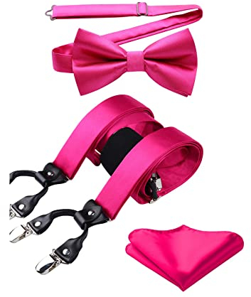 HISDERN Hosenträger Herren Fuchsia Fliege und Hosenträger Set Herren Klassische Hochzeit Einstellbar Y Form mit 6 Clips Extra Stark Braces