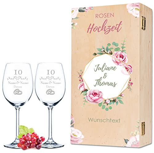 Leonardo Weingläser mit Gravur - Rosenhochzeit Design - Personalisiert mit Namen & Datum inkl. Holzkiste - Geschenk zur Hochzeit Verlobung Jahrestag Farbe Daily
