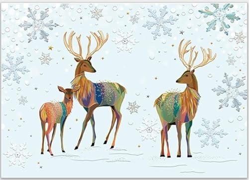 GrosseJewels Turnowsky Weihnachtskarte 3D-Reliefdruck mit Tannenbaum, Schlitten u.v.m. für Familie, Kunden, Mitarbeiter mit Umschlag zum Verschicken (Weihnachts-Rehe)
