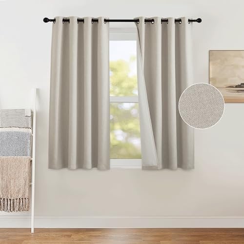 PONY DANCE Linen Curtains for Bedroom - Boho Blackout Short Curtains with Bronze Rings Eyelet, Privacy Thermal Insulated Window Treatments for Living Room, Drapes 2 Panels, 46 Wide x 54 Drop, Angola