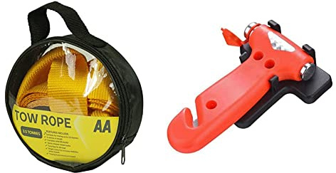 AA 3.5T 4 m Heavy-Duty Tow Rope AA6202 – Yellow Strap-Style Towing Belt for Car Breakdowns Other Vehicles up to 3.5 Tonnes & Emergency Car Window/Glass Hammer Seatbelt Cutter Rescue Tool 6240