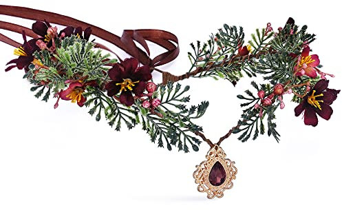 MOSTORY Daphne Elf Flower Fairy Crown - Woodland Fairy Halo Headband Claret Flower Headpiece with Crystal for Cosplay Halloween Renaissance Christmas Party Wedding Bridal Women Girls