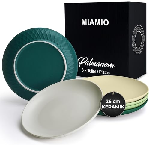 MIAMIO - 6er Geschirrset/Teller Set modern aus Keramik für 6 Personen - Palmanova Kollektion (Grün, Große Teller (6x))