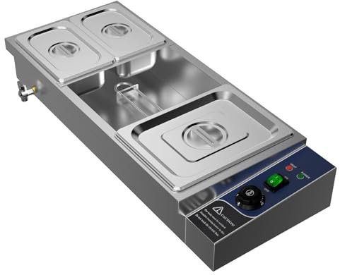 TAIMIKO Bain Marie en INOX Chauffe-Plat électrique Professionnel 2x1/2 GN Pan+2x1/4 GN Récipient 1500W avec Couvercle Robinet de Vidange, Température 30 à 85°C