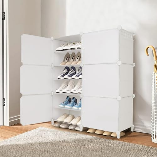 Arkyomi Zapatero blanco, zapatero estrecho alto, zapatero de plástico cerrado, organizador de zapatos con puertas, apilable y plegable para pasillo, ahorra espacio