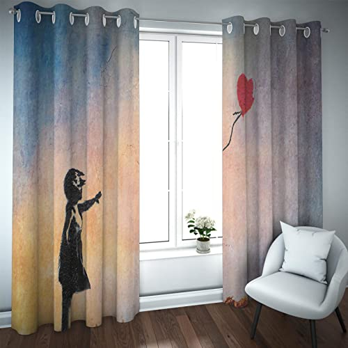 HengYun ART Ballonmädchen Verdunkelungsvorhänge Banksy-Graffiti-Farbhintergrund Wärmeisolierter schallreduzierender Vorhang für Wohnzimmer 2 Paneele 2X W178xL244cm
