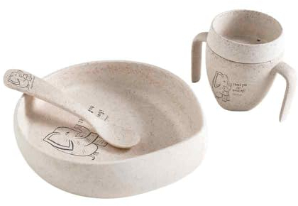 Skandino Kinder Geschirrset (Teller, Becher, Löffel) aus Biomaterialien, ergonomisch, nachhaltig, BPA-frei, ohne Melamin, spülmaschinen- und mikrowellengeeignet (Elefant)