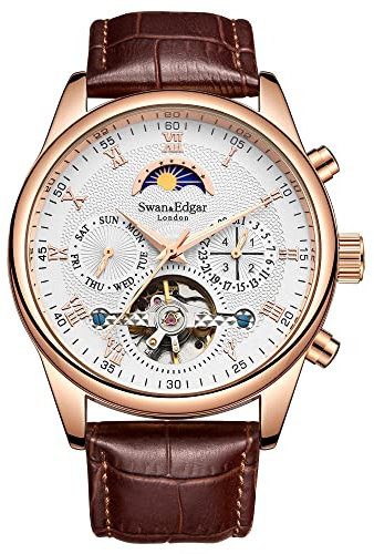 SWAN AND EDGAR Komplexität – Automatikuhr für Herren, Mond-Zifferblatt und offenes Herz-Skelett-Zifferblatt, Edelstahlgehäuse, Saphirglas, echtes Lederarmband, bis 30 m wasserdicht, 5 Jahre Garantie