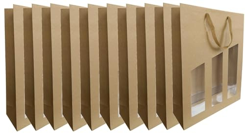 CREASTYL Ludi-Vin Lot de 10 Sacs en Papier Kraft écru avec fenêtre Transparente, pour 3 Bouteilles de vin