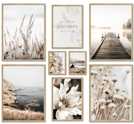 ARTFAVES® Poster Set - BEIGE VINTAGE NATURE - mehrteilige Wanddeko Wohnzimmer & Schlafzimmer - 8 moderne Wandbilder Natur, Blüte, Pflanzen, beige, See - mit Rahmen Eiche