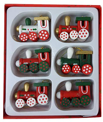 LSFYYDS 6 Stück Zug-Weihnachtsbaumschmuck, Hölzerne Lokomotive-Dekoration, Hängende Weihnachtsornamente für Weihnachten, Zuhause, Hochzeit, Babyparty, Party (1Set)
