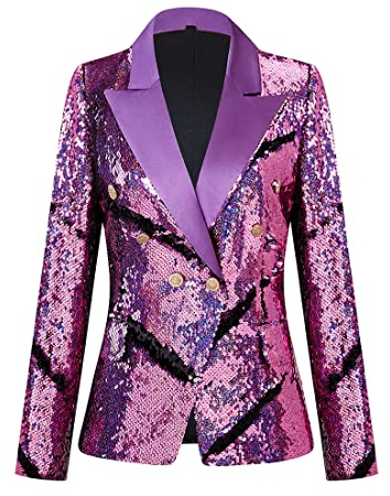 CARFFIV Giacche a maniche lunghe da donna alla moda a doppio petto per banchetti feste vacanze paillettes, Viola e nero., XXL