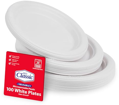 Essential Housewares | 100 White Plastic Plates | 9inch | 23cm | Heavy Duty