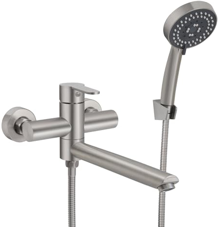 PHASAT Wandmontage Badewannenarmatur mit Handbrause Badewannenarmaturen mit 90 ° drehbarer Auslauf Verlängern, Nickel PTBN13E