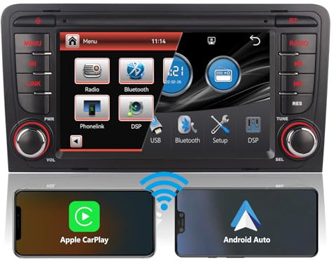 Autoradio DSP para Audi A3 8P S3 8P RS3 Sportback Radio Pantalla con carplay inalámbrico Incorporado y Android Auto Navi Control en el Volante EQ subwoofer Bluetooth 1080P táctil IPS Radio Am/FM/RDS