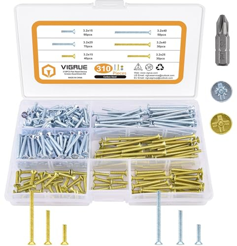 VIGRUE 310 PCS Geräteschrauben für Schalterdosen, Dosenschrauben Schrauben 3,2x15mm, 3,2x25mm, 3,2x40mm, Senkkopfschrauben mit PZ1/Schlitz Schrauben und Flachkopf Kreuz Schrauben in Sortimentskasten