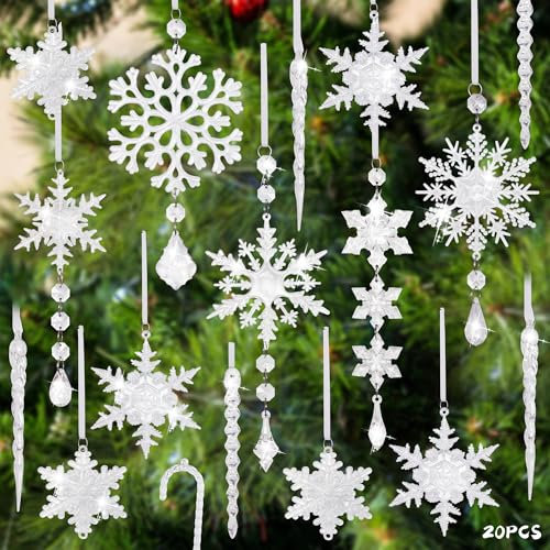 TINA Weihnachtsbaumschmuck Set Schneeflocken Deko 20 Stück Christbaumschmuck Eiszapfen Eistropfen Anhänger Weihnachtsbaum Acryl Weihnachtsschmuck Baumschmuck Weihnachten Christmas Decorations