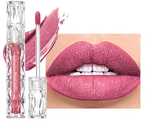 Glitzer Lipgloss Matt, Flüssig Lippenstift mit Diamond Funkeln, 3D Perlglanz Lip Gloss Wasserfest & Langlebig, Hochpigmentierter Metallic Shimmer Lippen, Seidige Textur, Feuchtigkeitsspendende Formel