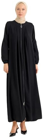 ELYANUR Elegante, Plissierte Abaya mit Reißverschluss, aus strapazierfähigem Polyester, perfekt für dezente Mode und Komfort im Alltag. | 42 - Schwarz