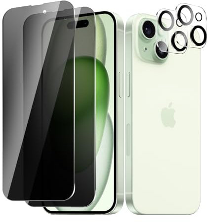 BIESHKJ 2+ 2Pack pour iPhone 15 Plus de Protection Verre Trempé Anti-Espion + Protecteur D'objectif D'appareil Photo, Dureté 9H Vitre, Compatible Avec Les Coques et Résistant Aux Rayures