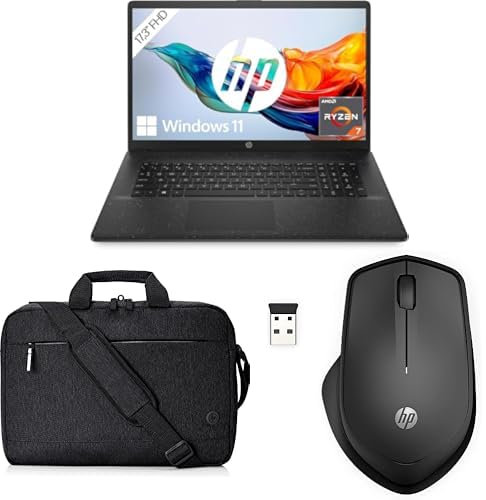 HP Laptop mit 17,3 Zoll FHD Display, AMD Ryzen 7 7730U, 16 GB DDR4 RAM, 512 GB SSD, AMD Radeon-Grafik, Windows 11, QWERTZ Tastatur, Schwarz, Laptoptasche, 280 Silent Wireless Maus