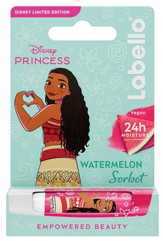 Labello Disney Princess Limited Edition Watermelon Shine 4,8 g, Farbiger Lippenbalsam mit Vaiana di Ozeania, Lippenbalsam für Mädchen 3+ Feuchtigkeitspflege 24h, Lippenbalsam mit Wassermelonen-Aroma