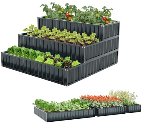 GOPLUS 3-stufiges Hochbeet stapelbar, Blumenbeet aus Metall, Stufenbeet mit offenem Boden, Pflanzenbeet Kräuterbeet Blumentreppe für Terrasse & Garten, Dunkelgrau, 118 x 118 x 61 cm